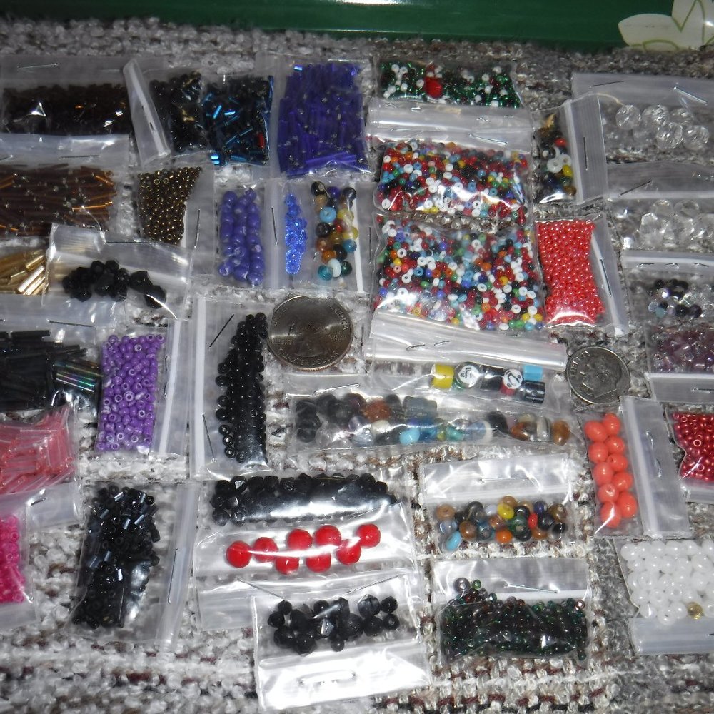 glass crystal tube seed bead lot, 36 scoops/bags